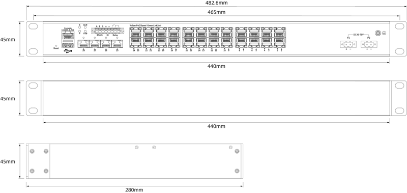 Dimension of 24xGE RJ45, 4x10G SFP  Support DI/DO and RS485, Port 1-4 Support BT 90w