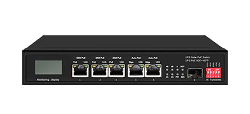 Conmutador Ethernet solar PoE de 15A UPS con OLED 1GE 60W PoE 2GE 30W PoE 2GE Auto PoE 1GE SFP