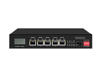 Conmutador Ethernet solar PoE de 15A UPS con OLED 1GE 60W PoE 2GE 30W PoE 2GE Auto PoE 1GE SFP