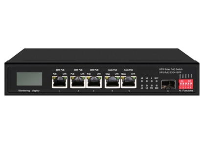 UPS Solar PoE Ethernet Switch con OLED 1GE 60W PoE 2GE 30W PoE 2GE Auto PoE 1GE SFP