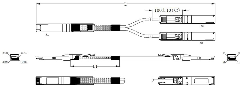 Outline Drawing of Passive Direct Attach Copper Cable 200G QSFPDD to 2x100G QSFP28