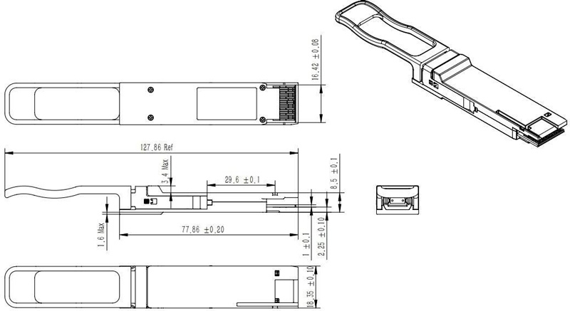 Outline Drawing (mm) of 200Gb/s QSFP-DD SR8 100m Transceiver