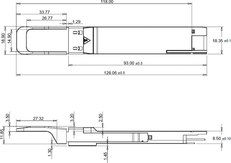 Outline Drawing (mm) of 400Gb/s QSFP-DD DR4  2km SMF Transceiver