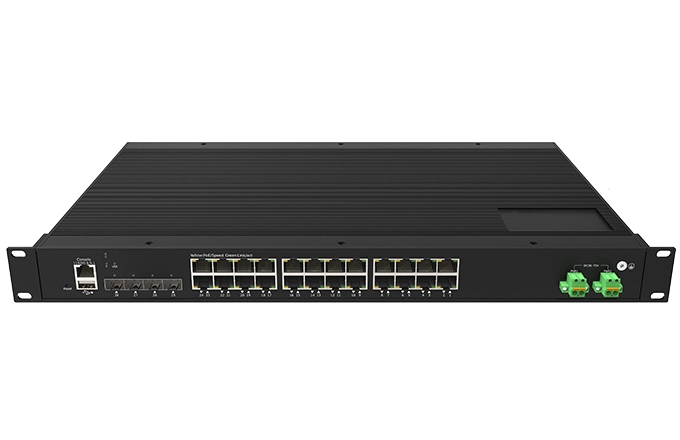 Interruptor de montaje en rack industrial Capa 3 24x100/100/1000M RJ45, enlace ascendente 4x1G/2,5G SFP